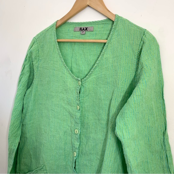 FLAX SALE Linen Longline Oversized Striped Button Top Green size 4-6 (P) - Picture 6 of 10